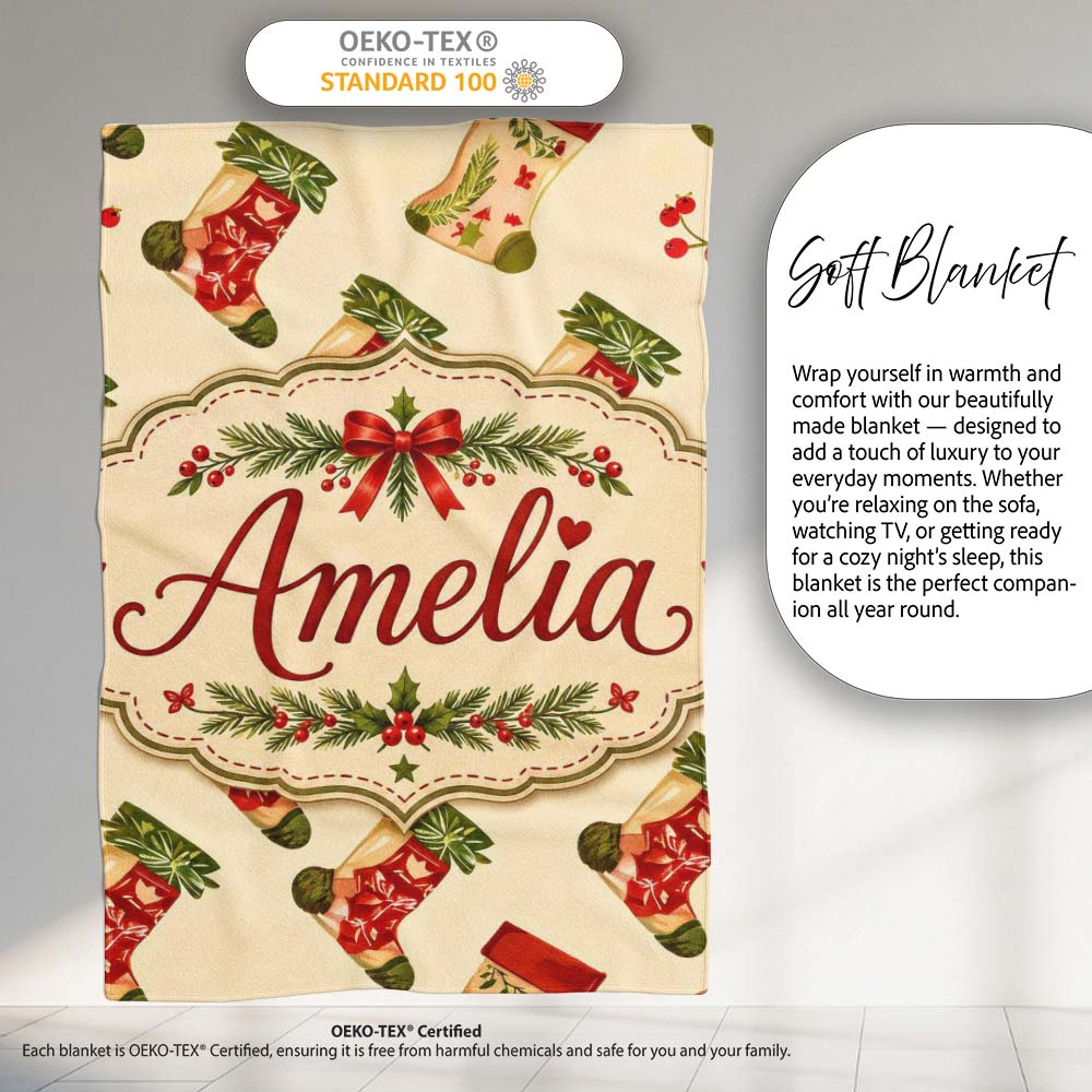 Festive Christmas Stockings Holly Berries and Holiday Decor Seamless  Personalised Custom Name Super Soft Fleece Blanket Bed Sofa Throw