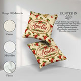Custom Name Festive Christmas Holly Berries and Holiday Seamless Square Filled Cushion Throw Pillow Sofa Bed Home Decor Zip Washable UK Made