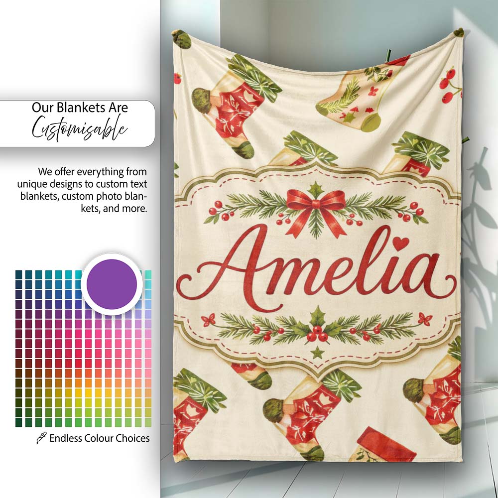 Festive Christmas Stockings Holly Berries and Holiday Decor Seamless  Personalised Custom Name Super Soft Fleece Blanket Bed Sofa Throw