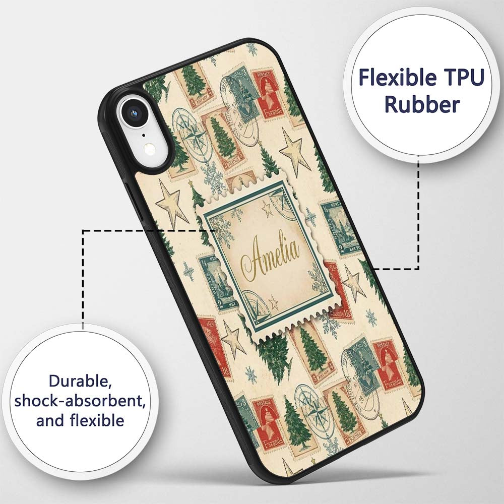 Vintage Christmas Postcards Stamps and Winter Custom Name Protective Phone Case Mobile Cover Durable Everyday Smartphone Shock Resistant