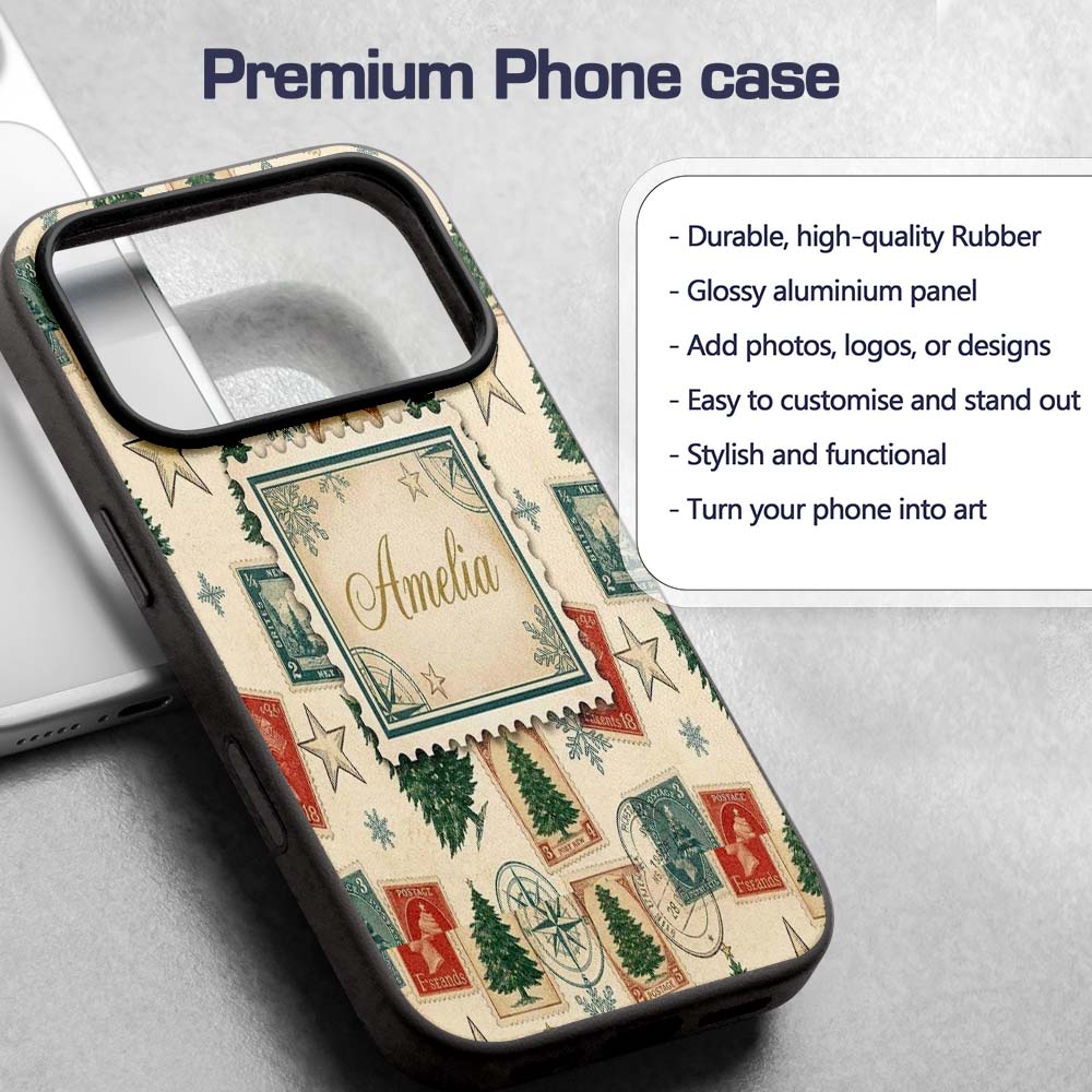 Vintage Christmas Postcards Stamps and Winter Custom Name Protective Phone Case Mobile Cover Durable Everyday Smartphone Shock Resistant