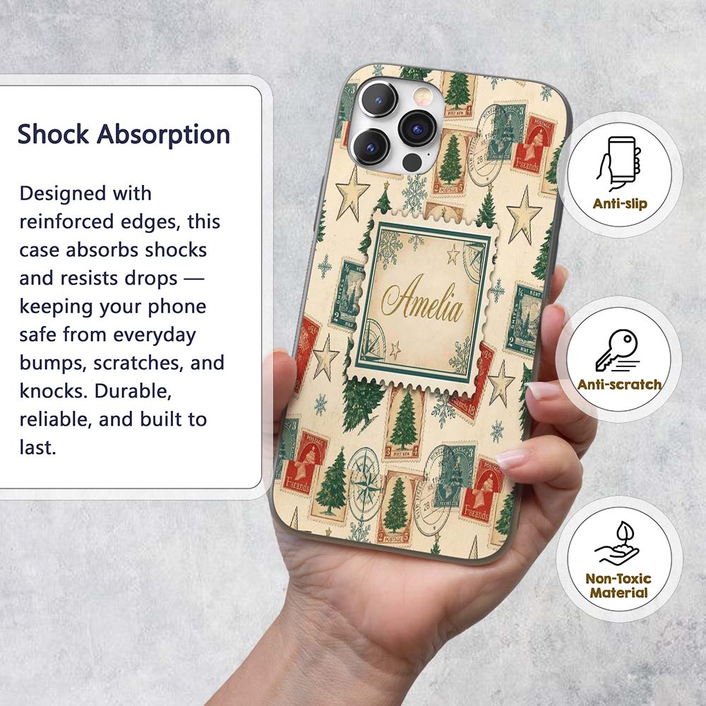 Vintage Christmas Postcards Stamps and Winter Custom Name Protective Phone Case Mobile Cover Durable Everyday Smartphone Shock Resistant