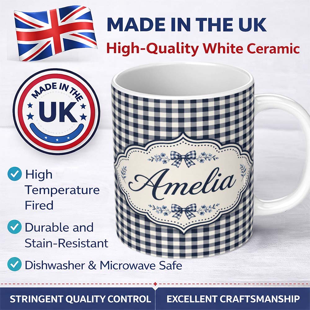 Personalized Custom Name Blue Geometric Heart Tile Symmetry Seamless Pattern Cute Unique Gift 11oz Ceramic Coffee Tea Mug White Large Handle