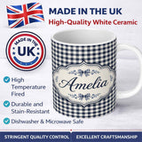Personalized Custom Name Blue Geometric Heart Tile Symmetry Seamless Pattern Cute Unique Gift 11oz Ceramic Coffee Tea Mug White Large Handle