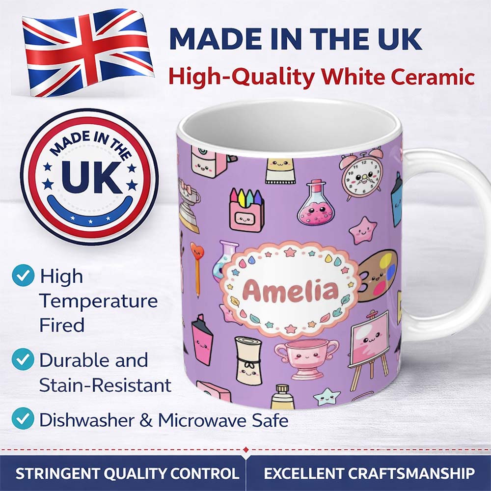 Personalized Custom Name Cute Kawaii Graduation School Science Art Supplies Pattern Purple 11oz Ceramic Coffee Tea Mug White Large Handle