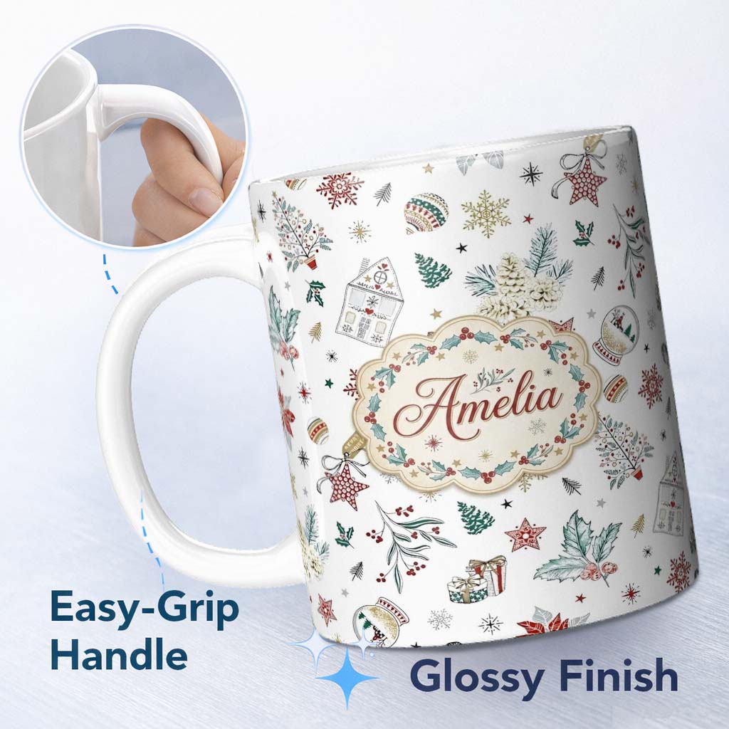Personalized Custom Name Vintage Christmas Ornaments Snowflakes Birds Seamless Pattern Lovely 11oz Ceramic Coffee Tea Mug White Large Handle