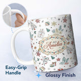 Personalized Custom Name Vintage Christmas Ornaments Snowflakes Birds Seamless Pattern Lovely 11oz Ceramic Coffee Tea Mug White Large Handle