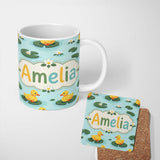 Personalized Custom Name Cute Ducks on Lily Pads Pond Nature Seamless Pattern Lovely 11oz Ceramic Coffee Tea Mug White Large Handle