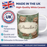 Personalized Custom Name Cute Teddy Bears with Floral Elements Seamless Pattern Green Lovely 11oz Ceramic Coffee Tea Mug White Large Handle