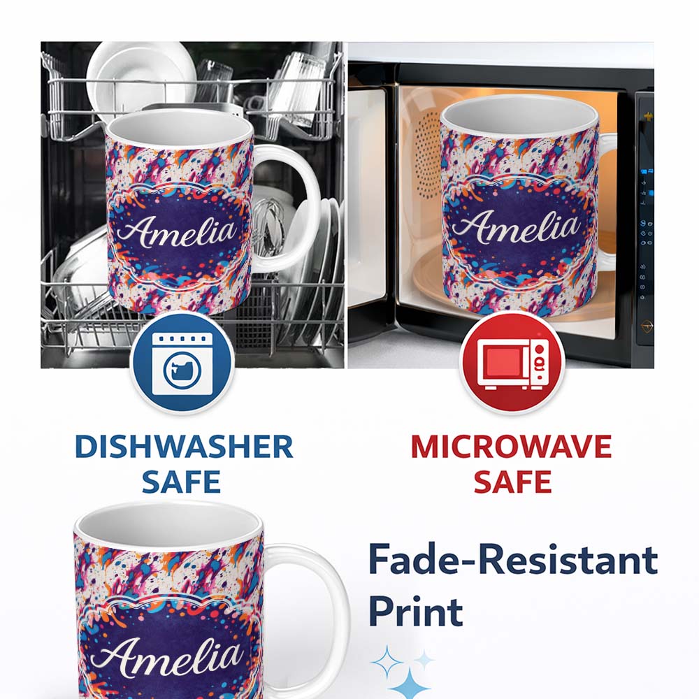 Personalized Custom Name Dynamic Paint Splatter White Background Abstract Pattern Lovely 11oz Ceramic Coffee Tea Mug White Large Handle