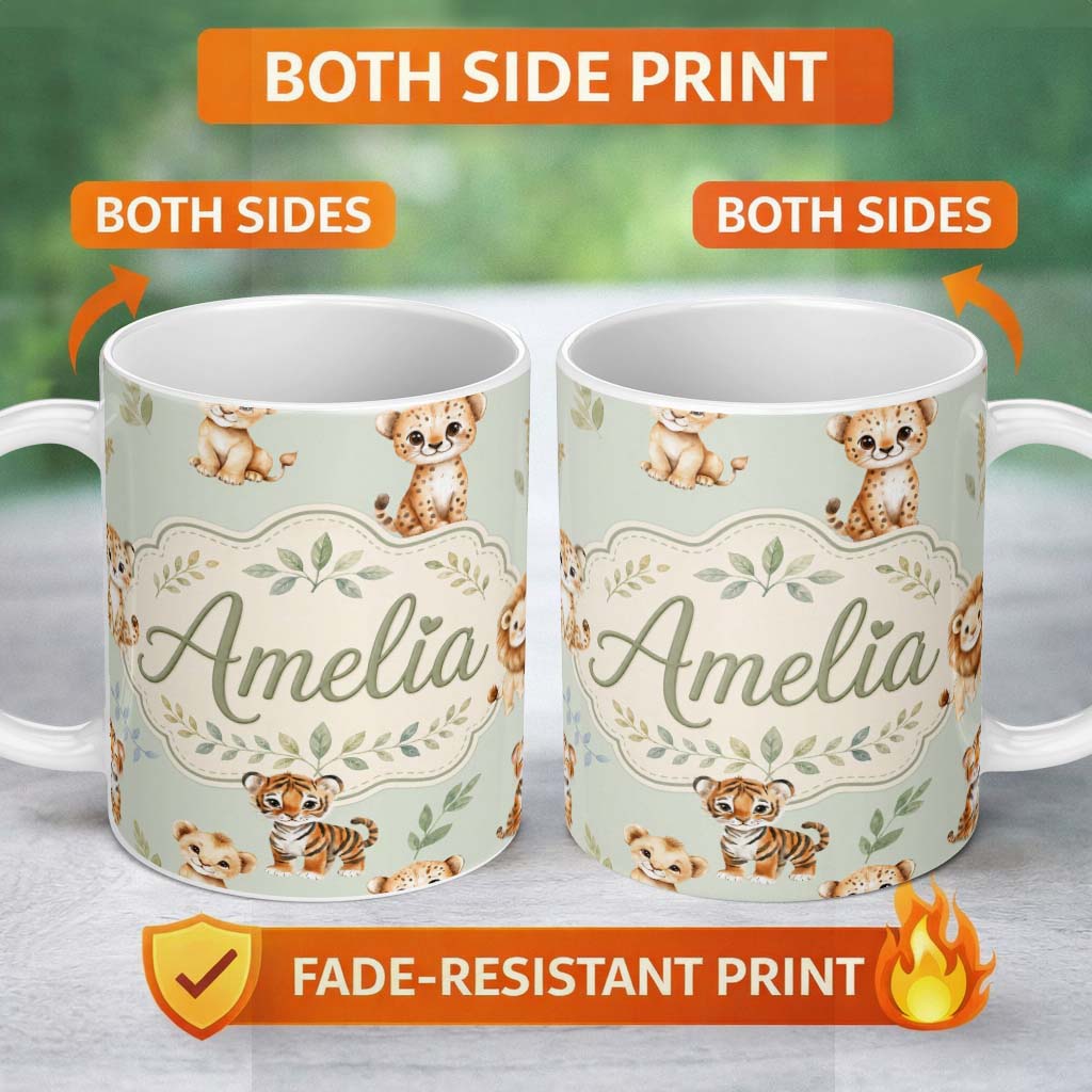 Personalized Custom Name Cute Baby Jungle Animals with Leaves on Sage Green Background Lovely 11oz Ceramic Coffee Tea Mug White Large Handle