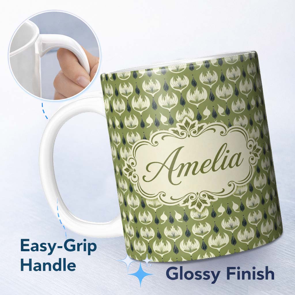 Personalized Custom Name Olive Green Abstract Onion Floral Pattern Mid Century Modern Design 11oz Ceramic Coffee Tea Mug White Large Handle