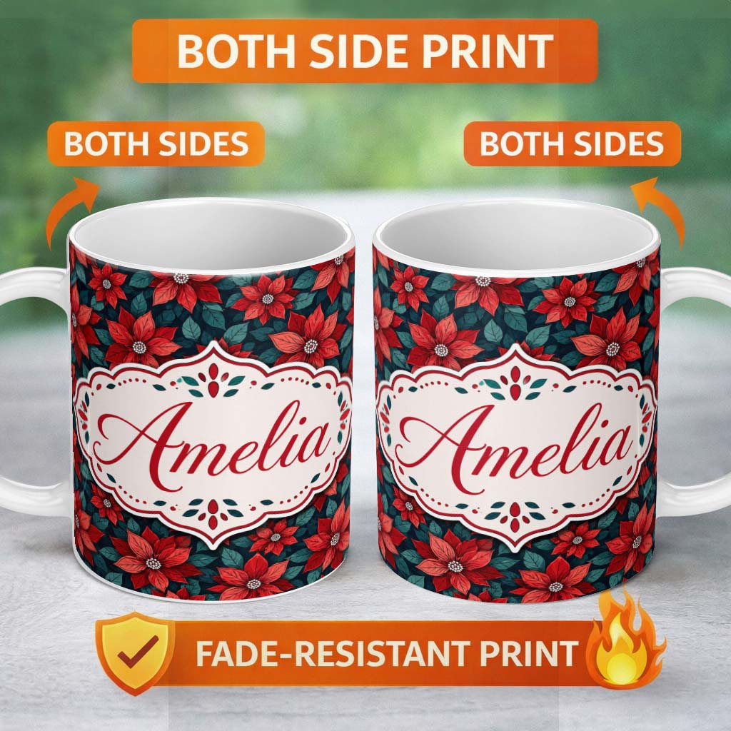 Personalized Custom Name Classic Red Poinsettia Floral Dark Background Christmas Seamless 11oz Ceramic Coffee Tea Mug White Large Handle