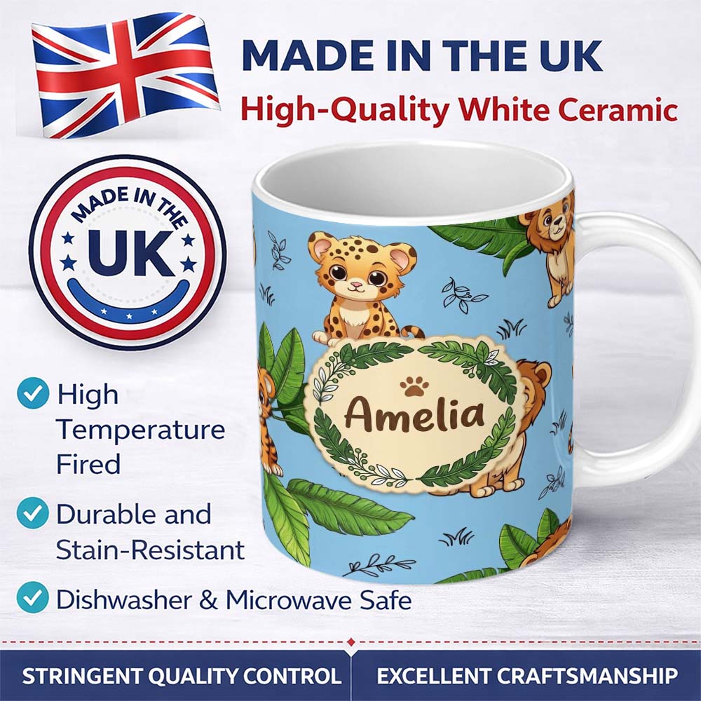 Personalized Custom Name Cute Jungle Animals Light Background Seamless Pattern Lovely 11oz Ceramic Coffee Tea Mug White Large Handle