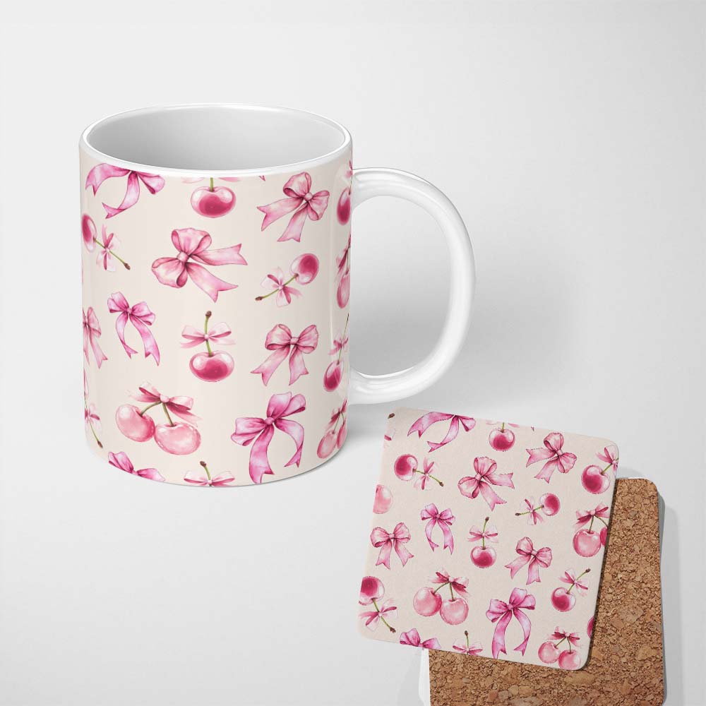 Personalized Custom Name Watercolor Pink Cherry Ribbon Bow Seamless Pattern Soft Neutral 11oz Ceramic Coffee Tea Mug White Large Handle