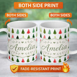 Personalized Custom Name Watercolor Christmas Tree Pattern in Red and Green Festive Seamless 11oz Ceramic Coffee Tea Mug White Large Handle