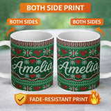 Personalized Custom Name Christmas Heart Stripe Scandinavian Knit Seamless Pattern Lovely 11oz Ceramic Coffee Tea Mug White Large Handle