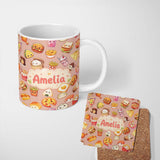 Personalized Custom Name Kawaii Fast Food Burger Sushi Taco Pizza Beige Seamless Pattern 11oz Ceramic Coffee Tea Mug White Large Handle