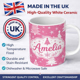 Personalized Custom Name Pink White Christmas Tree Snowflake Star Seamless Pattern Lovely 11oz Ceramic Coffee Tea Mug White Large Handle