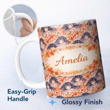 Personalized Custom Name Anime Girl Floral Orange Blue Pattern Kawaii Character Design Lovely 11oz Ceramic Coffee Tea Mug White Large Handle