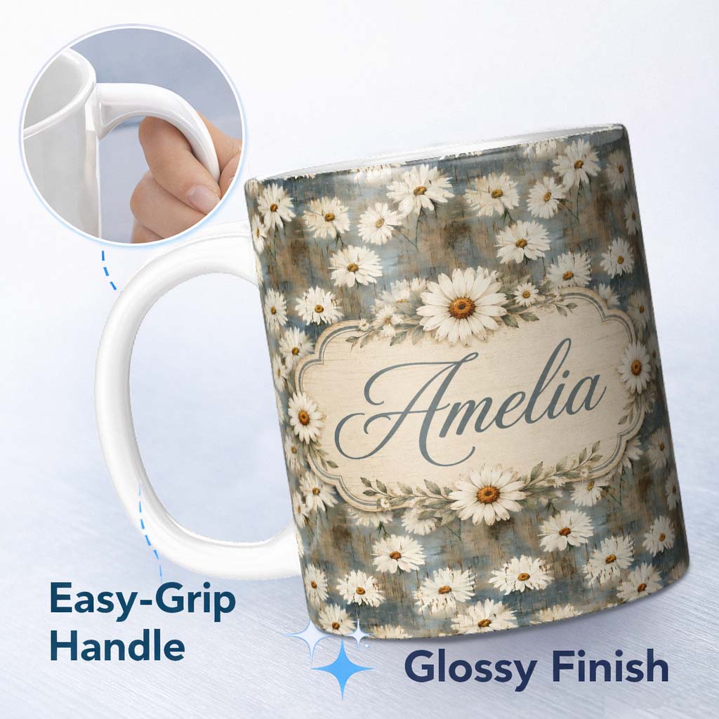 Personalized Custom Name Soft Painterly Daisy Scatter on Muted Blue Rustic Backdrop Lovely 11oz Ceramic Coffee Tea Mug White Large Handle