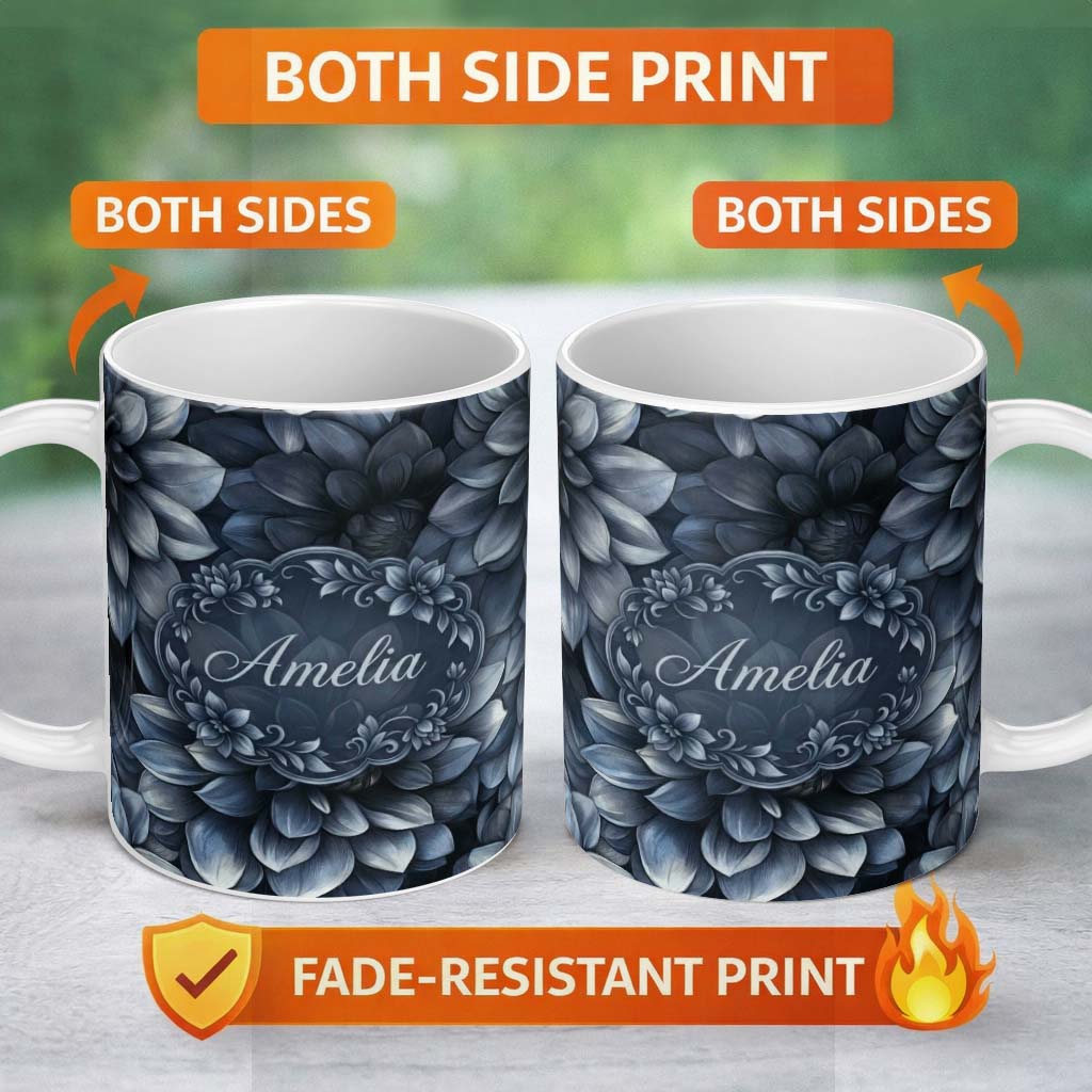 Personalized Custom Name Monochrome Dark Blue Floral Seamless Pattern Elegant Botanical 11oz Ceramic Coffee Tea Mug White Large Handle