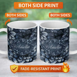 Personalized Custom Name Monochrome Dark Blue Floral Seamless Pattern Elegant Botanical 11oz Ceramic Coffee Tea Mug White Large Handle