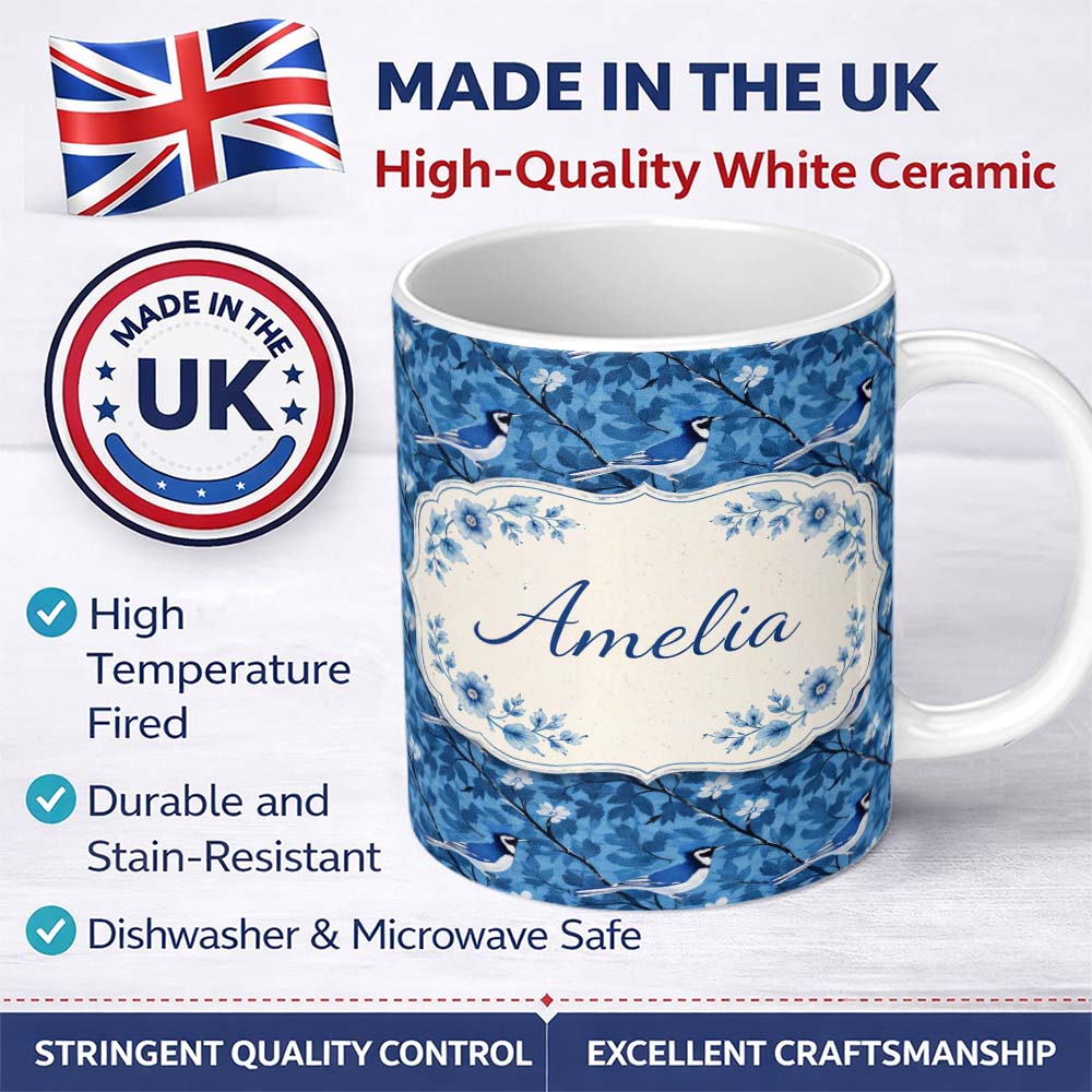 Personalized Custom Name Blue Bird Floral Branch Silhouette Blue Tone Seamless Pattern Lovely 11oz Ceramic Coffee Tea Mug White Large Handle