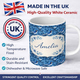 Personalized Custom Name Blue Bird Floral Branch Silhouette Blue Tone Seamless Pattern Lovely 11oz Ceramic Coffee Tea Mug White Large Handle
