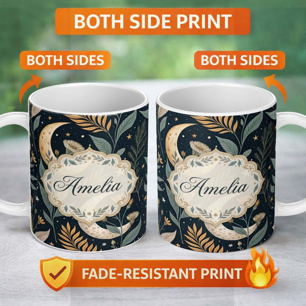 Personalized Custom Name Golden Celestial Floral Swirl Stars Night Seamless Pattern Lovely 11oz Ceramic Coffee Tea Mug White Large Handle