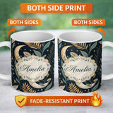 Personalized Custom Name Golden Celestial Floral Swirl Stars Night Seamless Pattern Lovely 11oz Ceramic Coffee Tea Mug White Large Handle