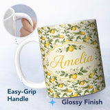 Personalized Custom Name Elegant Lemon Branches with Blossoms on Light Cream Background 11oz Ceramic Coffee Tea Mug White Large Handle