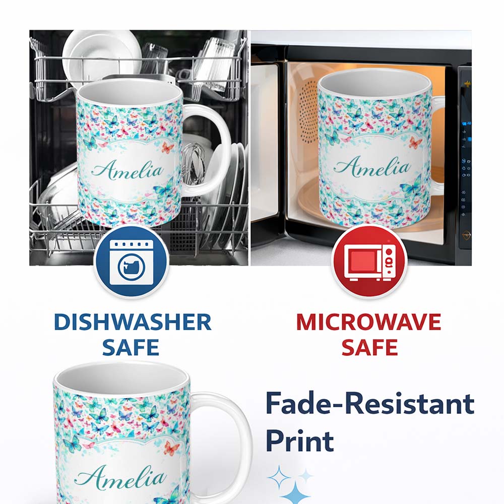 Personalized Custom Name Cute Blue and Pink Butterflies with Heart Accents Seamless Pattern 11oz Ceramic Coffee Tea Mug White Large Handle