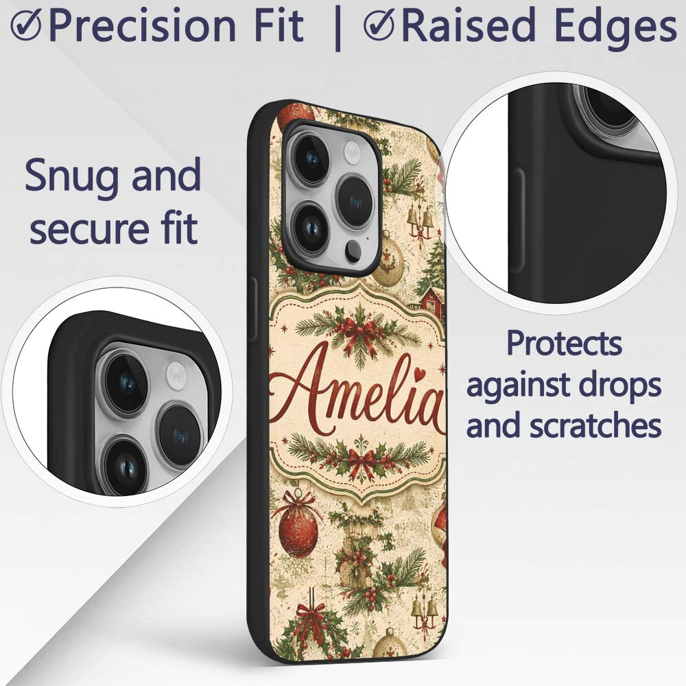 Vintage Christmas Wreaths Bells Pine Branches and Custom Name Protective Phone Case Mobile Cover Durable Everyday Smartphone Shock Resistant
