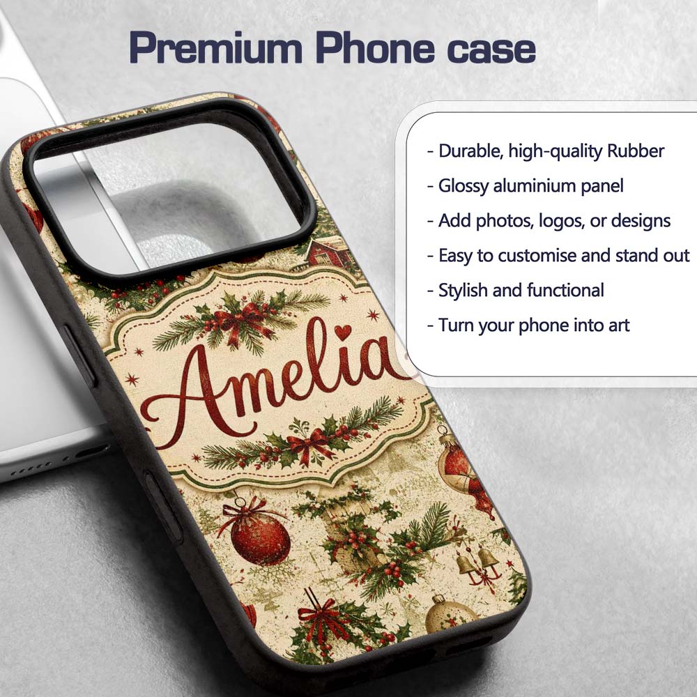 Vintage Christmas Wreaths Bells Pine Branches and Custom Name Protective Phone Case Mobile Cover Durable Everyday Smartphone Shock Resistant