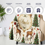 Cute Reindeer Christmas Trees Baubles and Festive Holiday Elements  Personalised Custom Name Super Soft Fleece Blanket Bed Sofa Throw