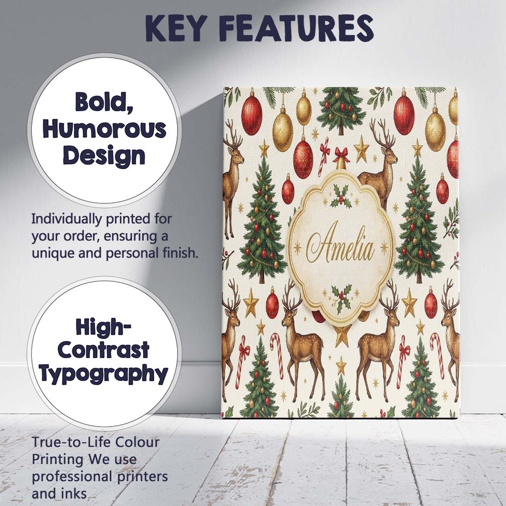 Personalised Name Cute Reindeer Christmas Custom  Unique Gift Idea Elegant Feature Canvas Wall Art Print Decor Picture Ready to Hang