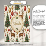 Cute Reindeer Christmas Trees Baubles and Festive Holiday Elements  Personalised Custom Name Super Soft Fleece Blanket Bed Sofa Throw