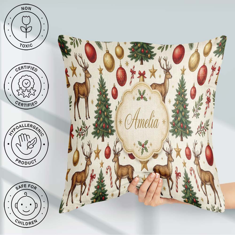 Custom Name Reindeer Christmas Trees Baubles and Festive Holiday Square Filled Cushion Throw Pillow Sofa Bed Home Decor Zip Washable UK Made