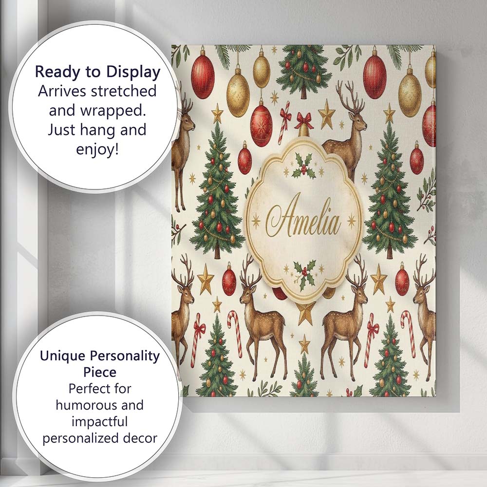 Personalised Name Cute Reindeer Christmas Custom  Unique Gift Idea Elegant Feature Canvas Wall Art Print Decor Picture Ready to Hang