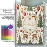 Cute Reindeer Christmas Trees Baubles and Festive Holiday Elements  Personalised Custom Name Super Soft Fleece Blanket Bed Sofa Throw