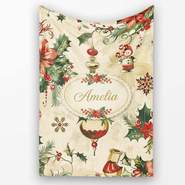 Elegant Christmas Poinsettia Holly Berries and Ornaments Seamless  Personalised Custom Name Super Soft Fleece Blanket Bed Sofa Throw