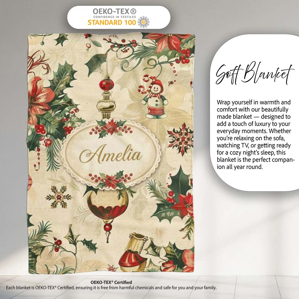 Elegant Christmas Poinsettia Holly Berries and Ornaments Seamless  Personalised Custom Name Super Soft Fleece Blanket Bed Sofa Throw