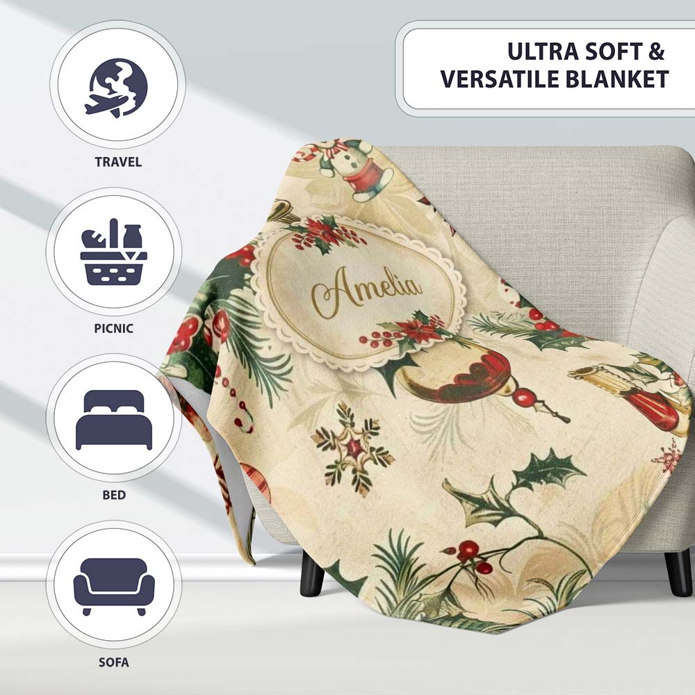 Elegant Christmas Poinsettia Holly Berries and Ornaments Seamless  Personalised Custom Name Super Soft Fleece Blanket Bed Sofa Throw