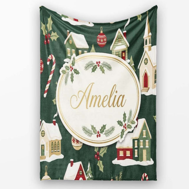 Dark Vintage Christmas Village Houses Snowy Scene and Ornaments  Personalised Custom Name Super Soft Fleece Blanket Bed Sofa Throw
