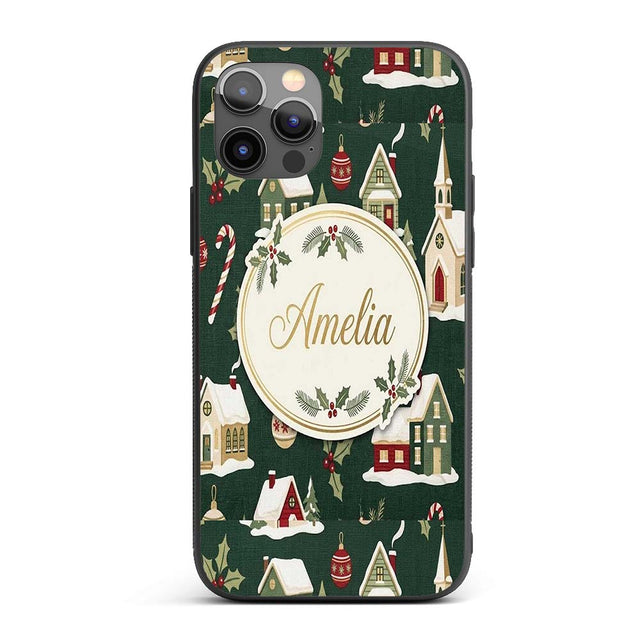 Dark Vintage Christmas Village Houses Snowy Scene Custom Name Protective Phone Case Mobile Cover Durable Everyday Smartphone Shock Resistant