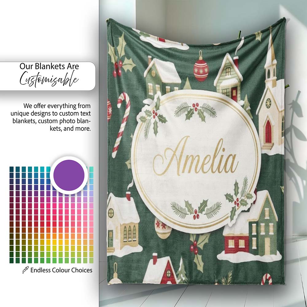 Dark Vintage Christmas Village Houses Snowy Scene and Ornaments  Personalised Custom Name Super Soft Fleece Blanket Bed Sofa Throw