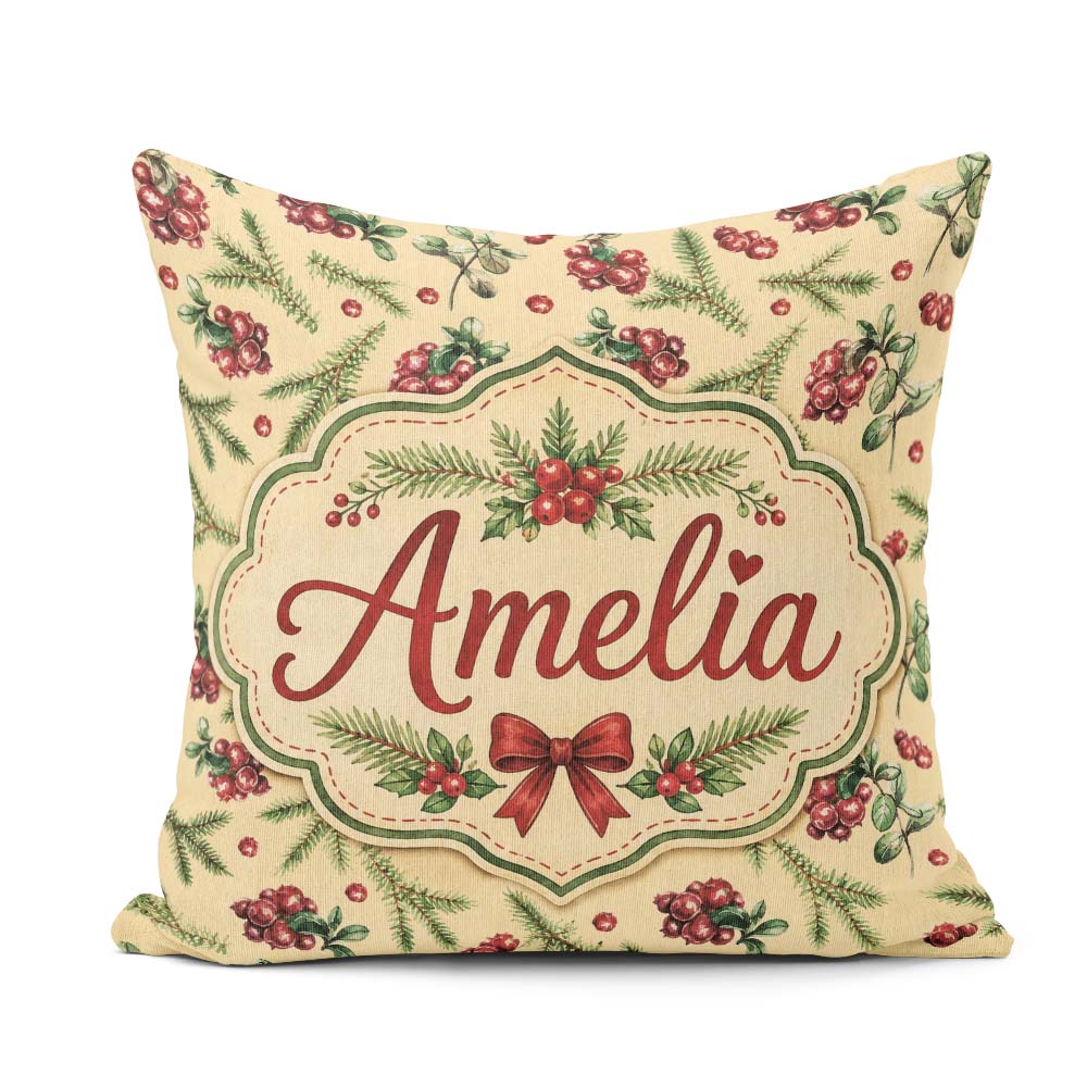 Custom Name Watercolor Holly Berries Pine Branches and Botanical Square Filled Cushion Throw Pillow Sofa Bed Home Decor Zip Washable UK Made