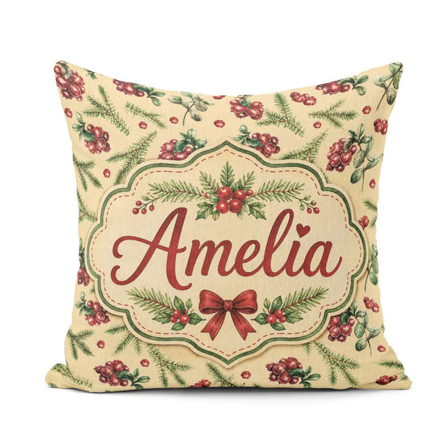 Custom Name Watercolor Holly Berries Pine Branches and Botanical Square Filled Cushion Throw Pillow Sofa Bed Home Decor Zip Washable UK Made