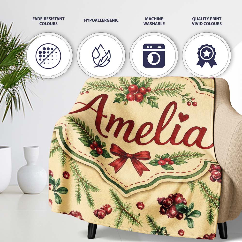 Watercolor Holly Berries Pine Branches and Botanical Christmas  Personalised Custom Name Super Soft Fleece Blanket Bed Sofa Throw